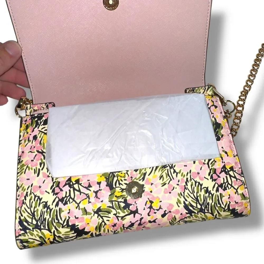 Tory Burch Beige Floral Print Leather Gemini Shoulder Bag
